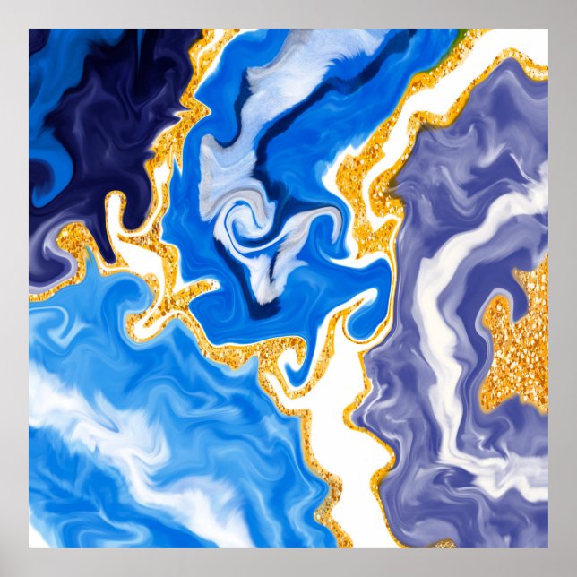 Beautiful Blue, Gold and White Swirls like Water  Poster (Front)