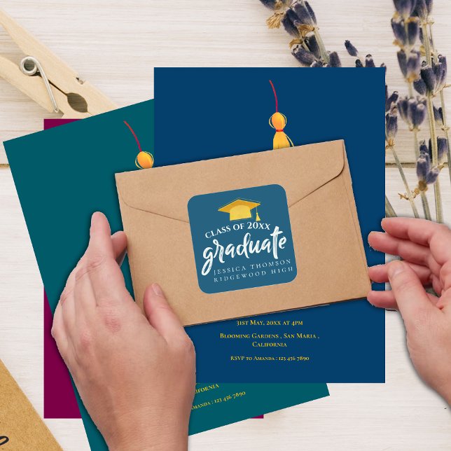 Beautiful Blue Gold Grad Hat 2025 Graduation Square Sticker (Beautiful Blue Gold Grad Hat 2025 Graduation Square Sticker)