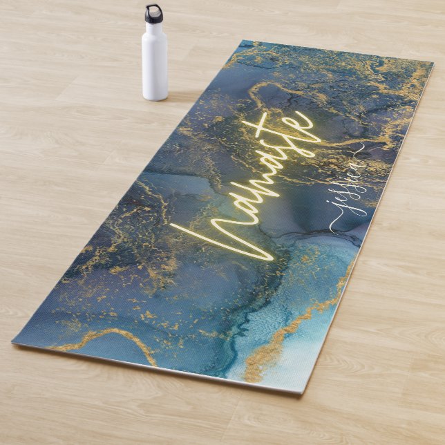 Beautiful Blue Gold Marble Ink Custom Name Yoga Mat (In Situ)