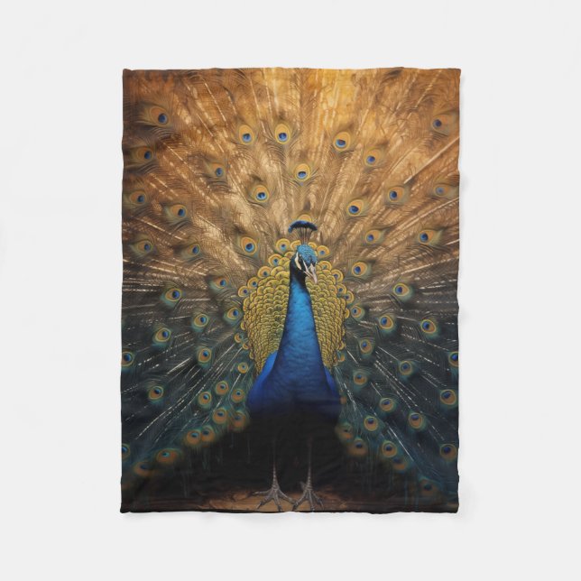 Beautiful blue gold peacock fleece blanket (Front)