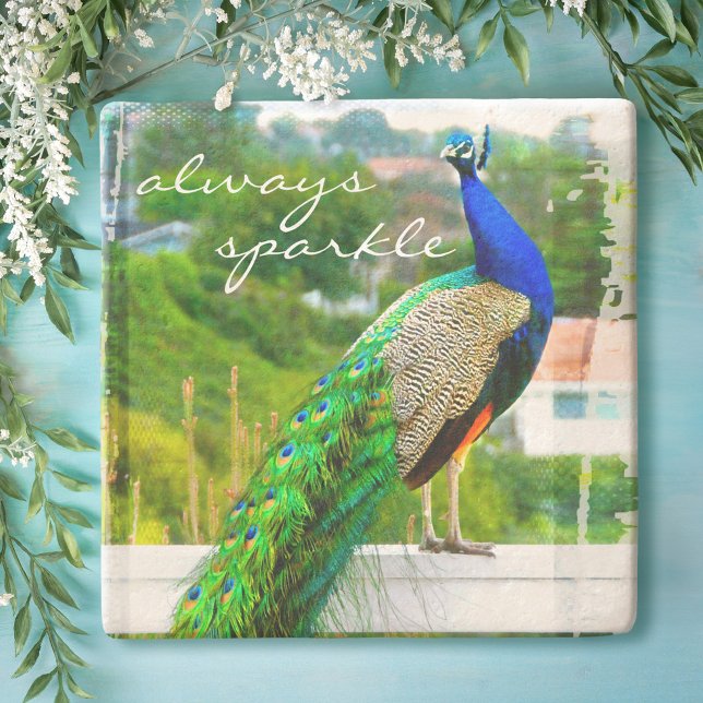 Beautiful Blue Green Peacock Always Sparkle Quote Stone Coaster (Creator Uploaded)