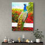 Beautiful Blue Green Peacock Photo Modern Stylish  Canvas Print<br><div class="desc">There’s nothing quite as stunning as a royal blue peacock with its blue green gem-hued feathers, against a bright red flowering bush overlooking a Southern California coastal harbour. Celebrate its beauty every day whenever gaze at this unique, colourful photography wrapped canvas wall art. Choose from various sizes. Makes your living...</div>