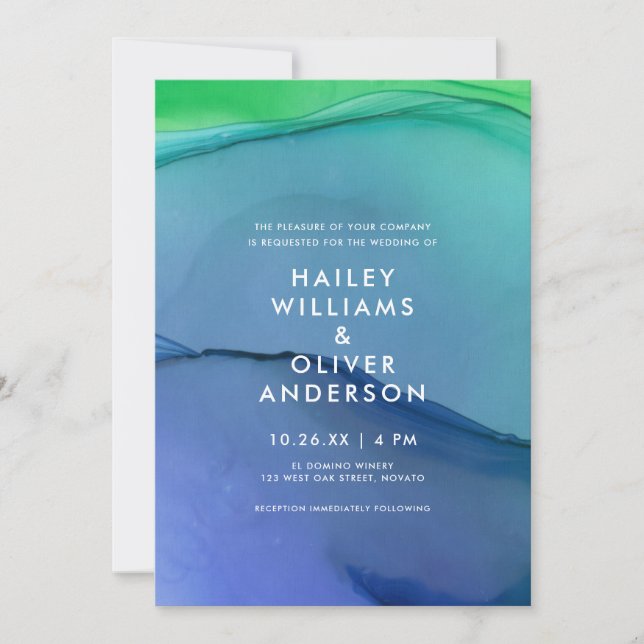 Beautiful Blue Green Watercolor Wash Wedding Invitation (Front)