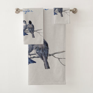 Beautiful Blue Grey Birds on a Branch Custom Name Bath Towel Set