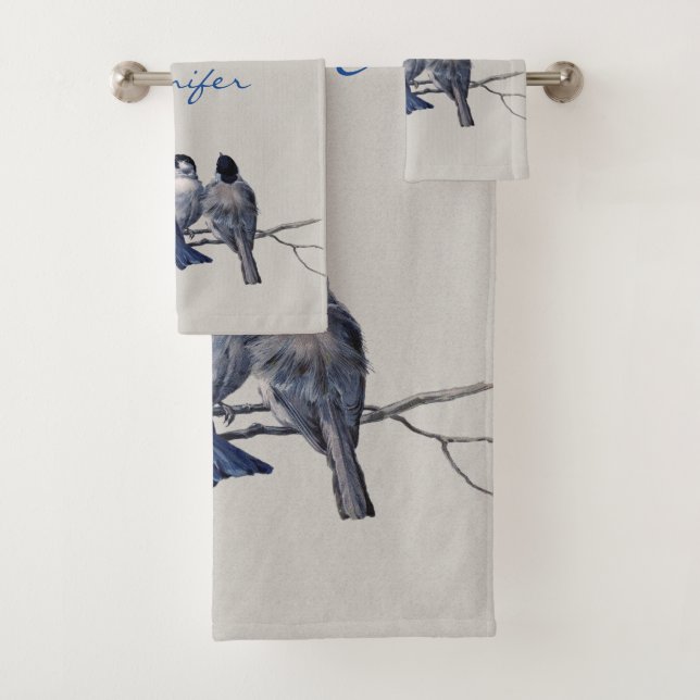 Beautiful Blue Grey Birds on a Branch Custom Name Bath Towel Set (Insitu)