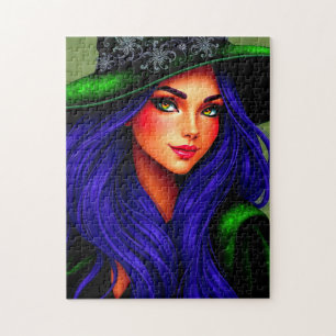 Beautiful Blue-Haired Halloween Witch  Jigsaw Puzzle