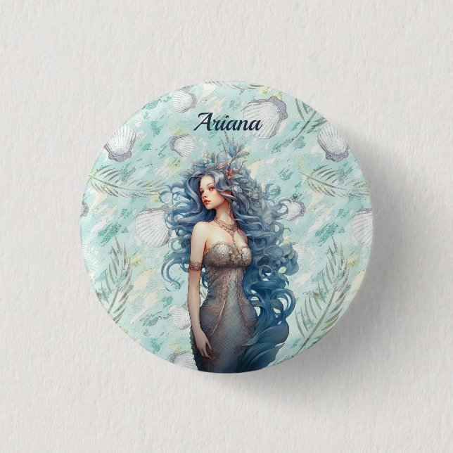 Beautiful Blue-Haired Mermaid  3 Cm Round Badge (Front)
