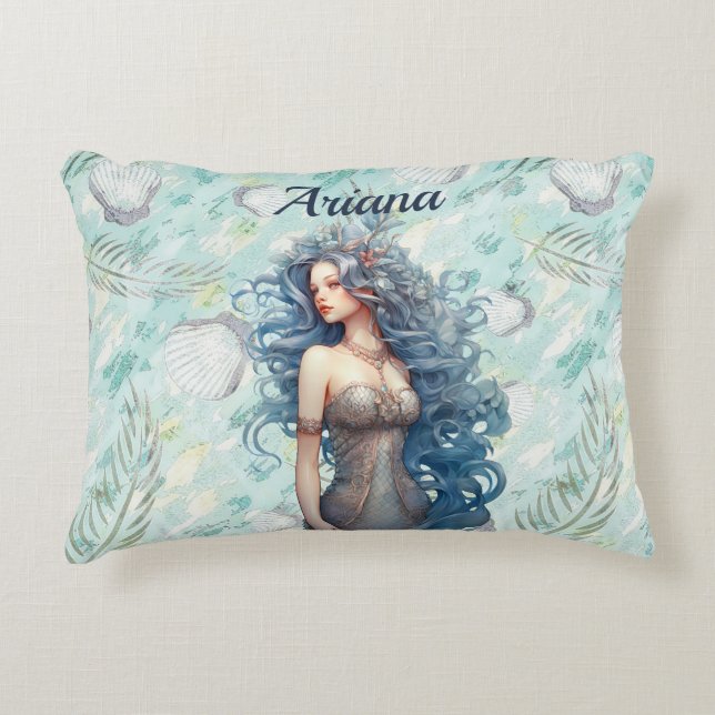 Beautiful Blue-Haired Mermaid  Decorative Cushion (Front)
