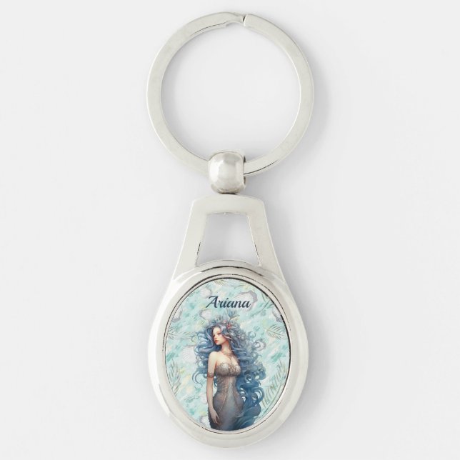Beautiful Blue-Haired Mermaid  Key Ring (Front)