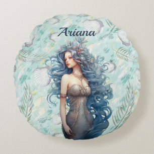 Beautiful Blue-Haired Mermaid  Round Cushion