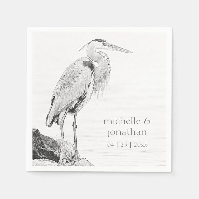 Beautiful Blue Heron Water Bird Sketch Wedding Napkin (Front)