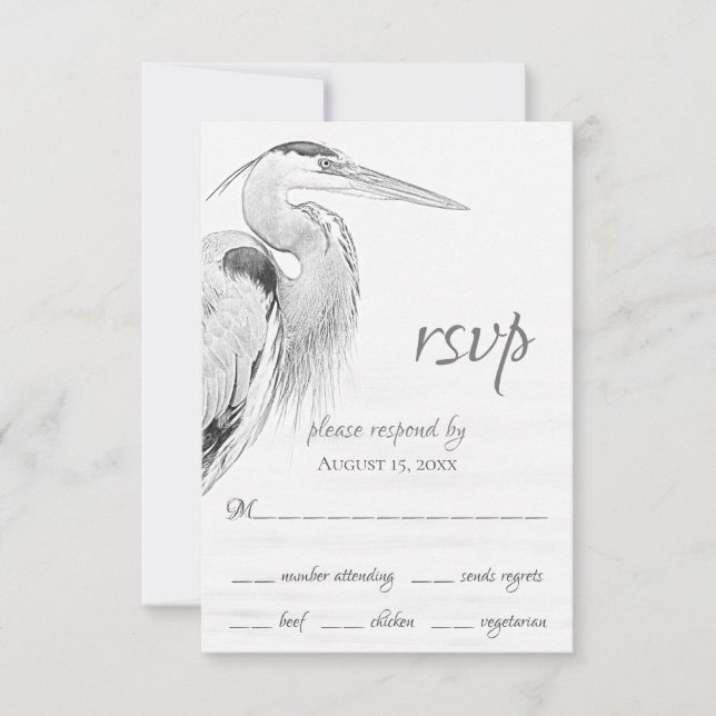 Beautiful Blue Heron Water Bird Sketch Wedding RSVP Card (Front)