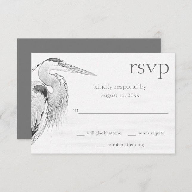 Beautiful Blue Heron Water Bird Sketch Wedding RSVP Card (Front/Back)