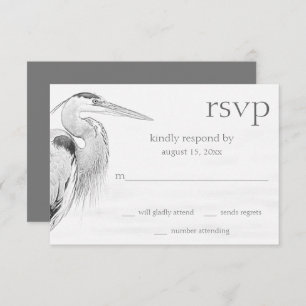 Beautiful Blue Heron Water Bird Sketch Wedding RSVP Card