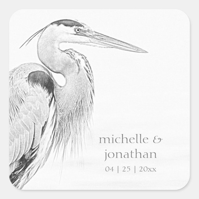 Beautiful Blue Heron Water Bird Sketch Wedding Square Sticker (Front)