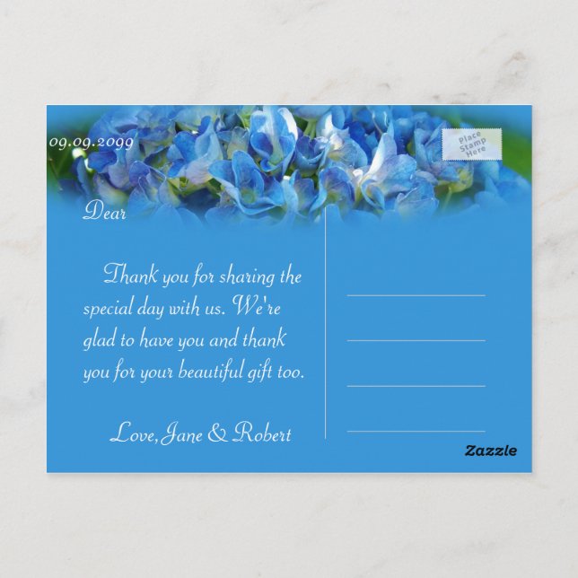 Beautiful blue hydrangea flowers thank you postcard (Back)