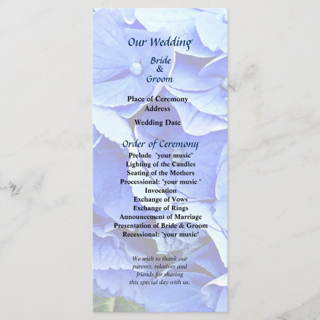 Beautiful blue Hydrangea Wedding Program Programme (Front)