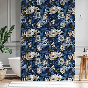 Beautiful Blue Ivory Floral Bath Shower Curtain