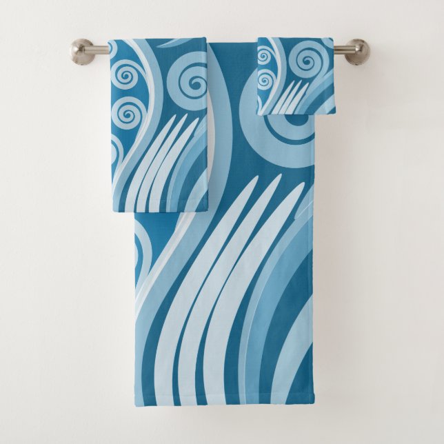 Beautiful Blue Koru Fern Frond Swirls Towel Set (Insitu)