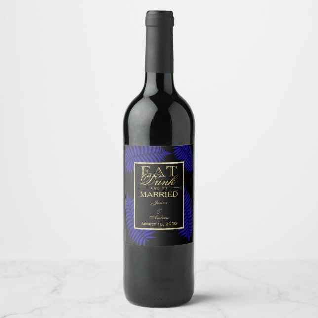 Beautiful Blue Leaf Bracken Wedding Wine Label (Front)