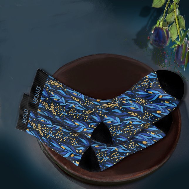 Beautiful Blue Leaves Yellow Flowers Pattern Socks (Beautiful Blue Leaves Yellow Flowers Pattern Socks)