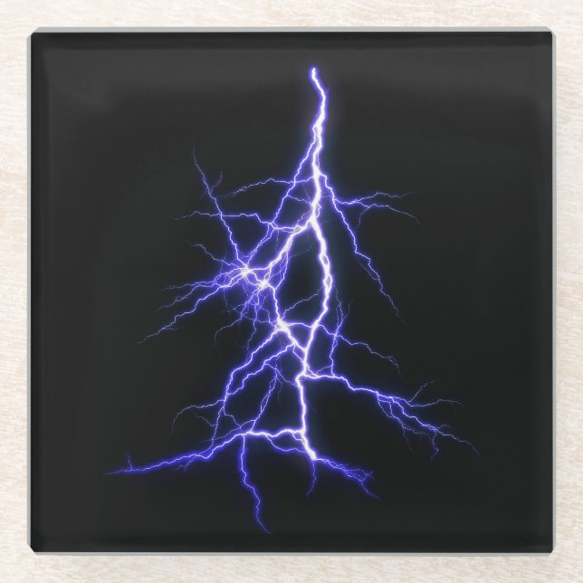 Beautiful Blue Lightning on Black Background Glass Coaster (Front)