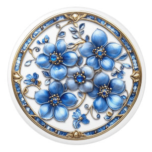 Beautiful Blue Metallic Enamel Flowers Gold Gems Ceramic Knob