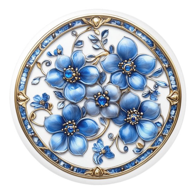Beautiful Blue Metallic Enamel Flowers Gold Gems Ceramic Knob (Front)