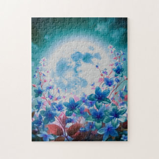 Beautiful Blue Moon with Flowers Jigsaw Puzzle
