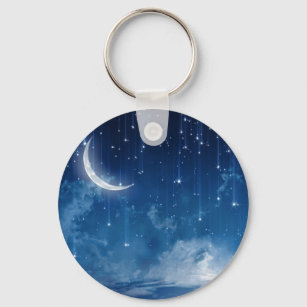 Beautiful blue night sky & crescent moon key ring