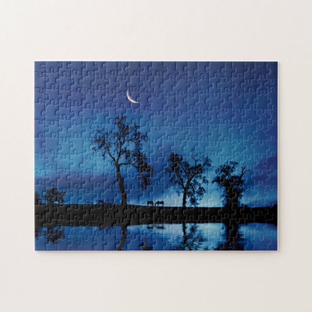 Beautiful Blue Night Sky with Horses and Oak Trees Jigsaw Puzzle (Horizontal)