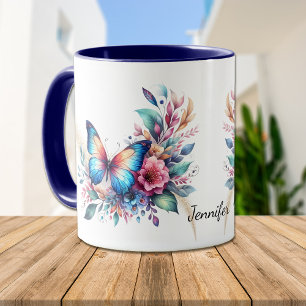 Beautiful Blue Orange Fantasy Floral Butterfly Mug