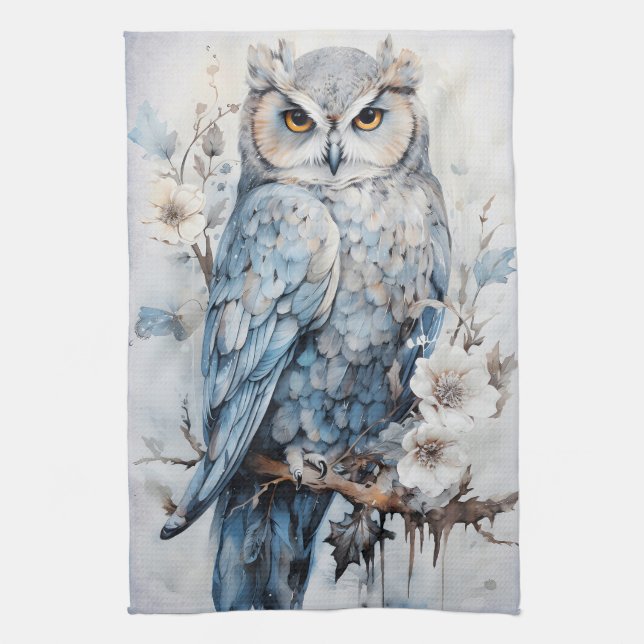 Beautiful Blue Owl On A Branch Christmas Tea Towel (Vertical)