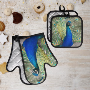 Beautiful Blue Peacock Feathers Oven Mitt & Pot Holder Set