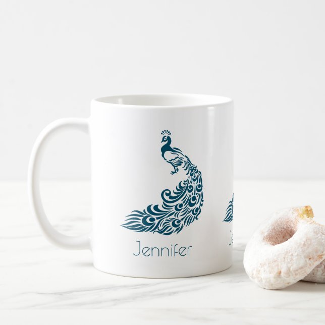 Beautiful Blue Peacock Illustration Custom Coffee Mug (With Donut)