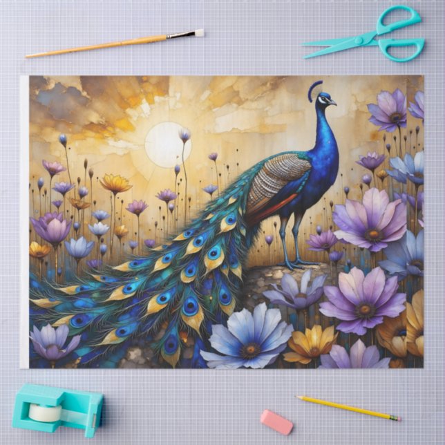 Beautiful Blue Peacock in Floral Landscape Tissue Paper (Craft)