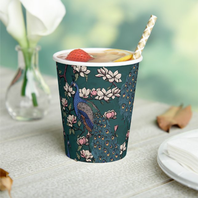 Beautiful Blue Peacocks & Magnolia Flowers Teal Paper Cups (Insitu)