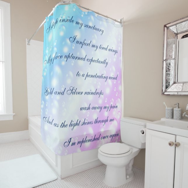 Beautiful Blue / Pink Cleansing Mantra design Shower Curtain (In Situ)