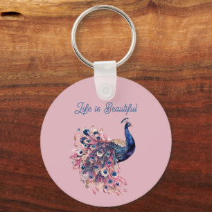 Beautiful Blue Pink Navy Blue Peacock Key Ring