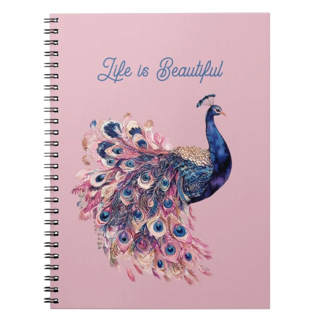 Beautiful Blue Pink Navy Blue Peacock Notebook (Front)