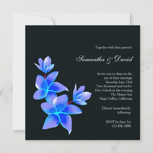 Beautiful Blue Plumeria Wedding Invitation (Front)
