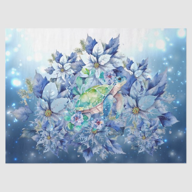 Beautiful Blue Poinsettias & Sea Turtle Decoupage Tissue Paper (Front)