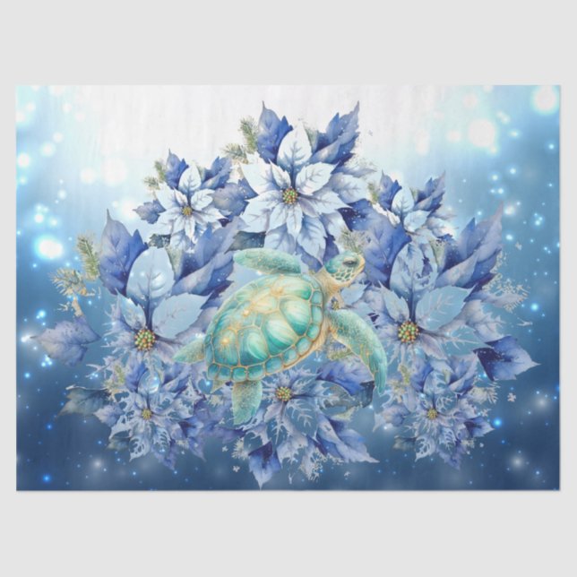 Beautiful Blue Poinsettias & Sea Turtle Decoupage Tissue Paper (Front)