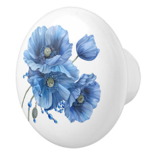 Beautiful Blue Poppies and Stones Ceramic Knob