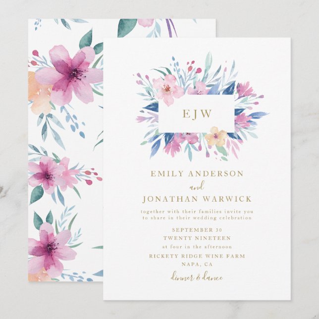 Beautiful Blue Purple Flower Wedding Invitation (Front/Back)