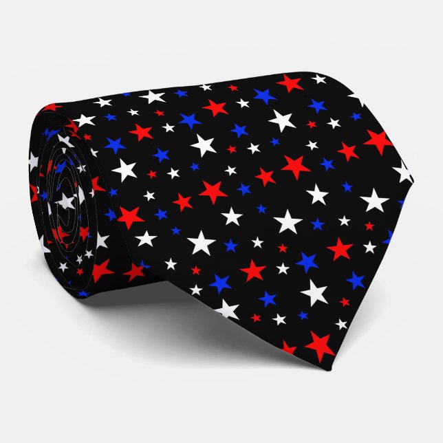 Beautiful Blue Red White Stars on Black Tie (Rolled)