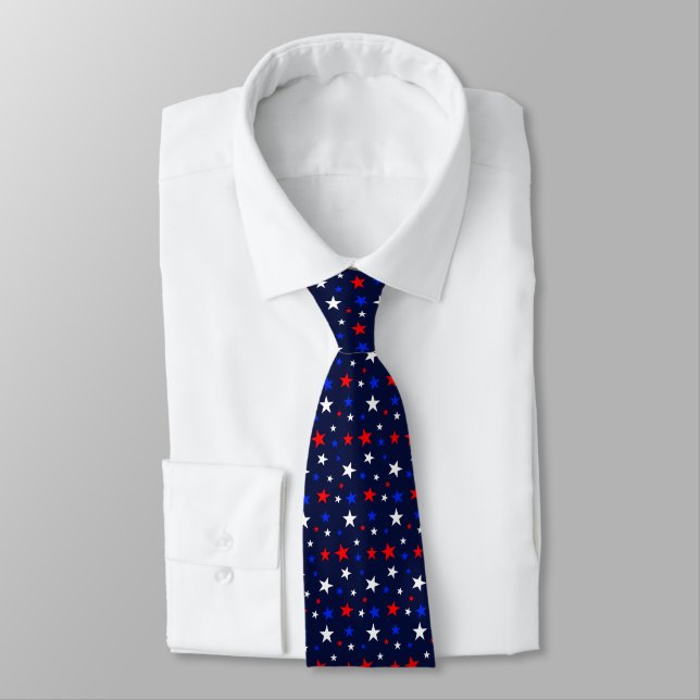 Beautiful Blue Red White Stars on Navy Blue Tie (Tied)