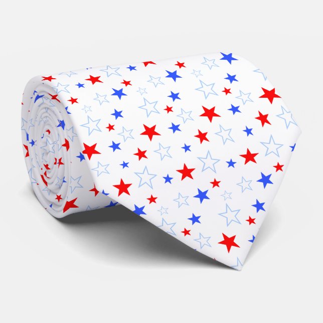 Beautiful Blue Red White Stars on White Tie (Rolled)