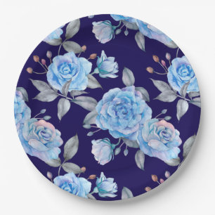 Beautiful blue roses, navy blue background, paper plate