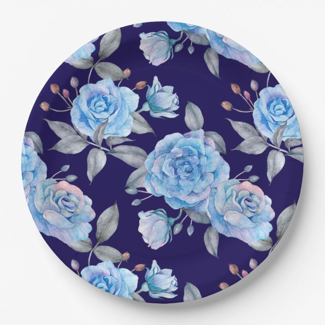 Beautiful blue roses, navy blue background, paper plate (Front)